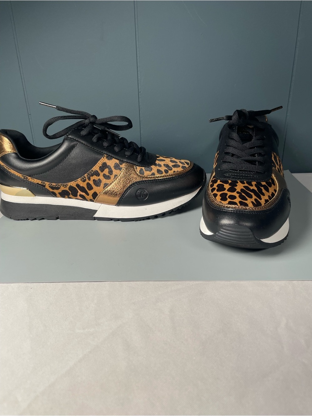 Michael Kors Andi Trainer Cheetah Leopard Haircalf Sneaker Gold Black Sz 8.5 M